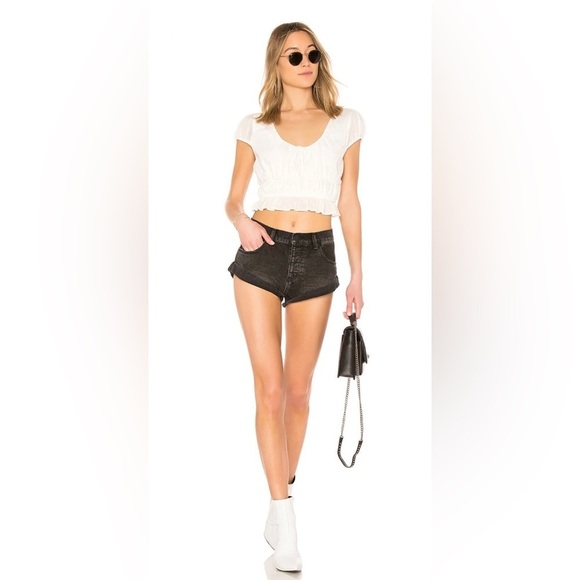 One Teaspoon Distressed Bandits Denim Jean Shorts Leather Pockets Black SZ 27 - Picture 1 of 14